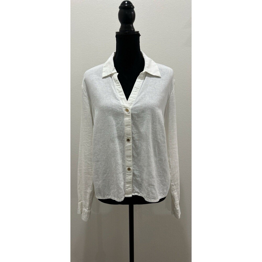 Michael Kors Womens Sz Large Top White Linen Blend Button-Up Long Sleeve
